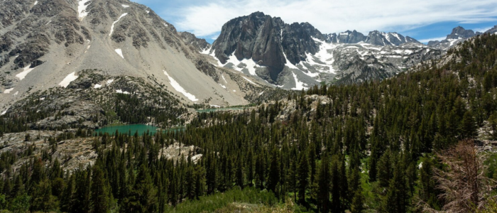A serene lake nestled among towering mountains and lush green trees under a clear blue sky.