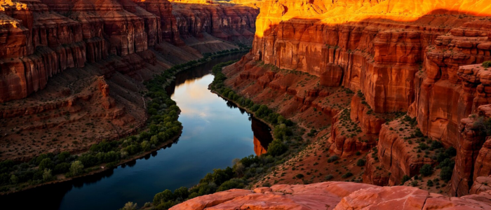 The sun illuminates a Colorado canyon and river, highlighting the natural beauty of the landscape.