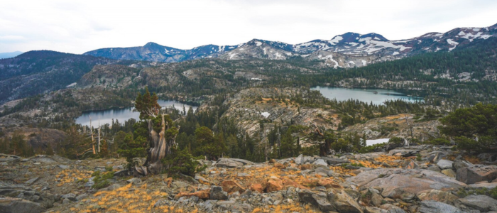A breathtaking landscape featuring a tranquil lake and towering mountains seen from an elevated perspective.