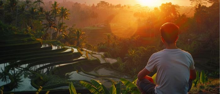 A person in a white shirt sits peacefully on a hill overlooking rice terraces at sunset. The scene conveys tranquility with warm orange hues and lush greenery.
