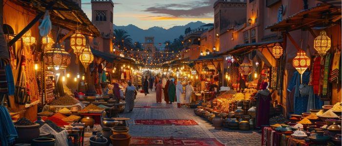 Bustling market street at sunset with colorful lanterns, spices, and textiles. People walk amidst warm-toned buildings, evoking an exotic, lively atmosphere.