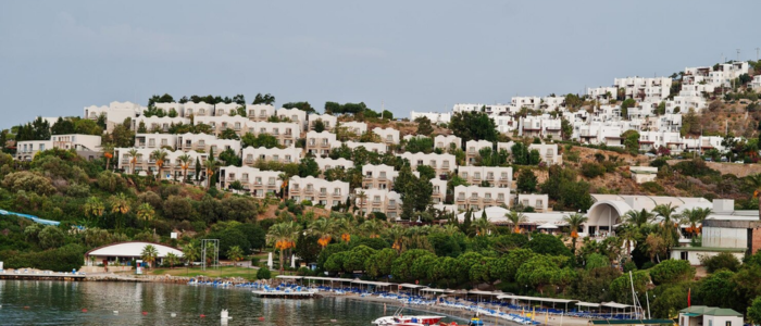 Naxos coastal hillside with white buildings and greenery
